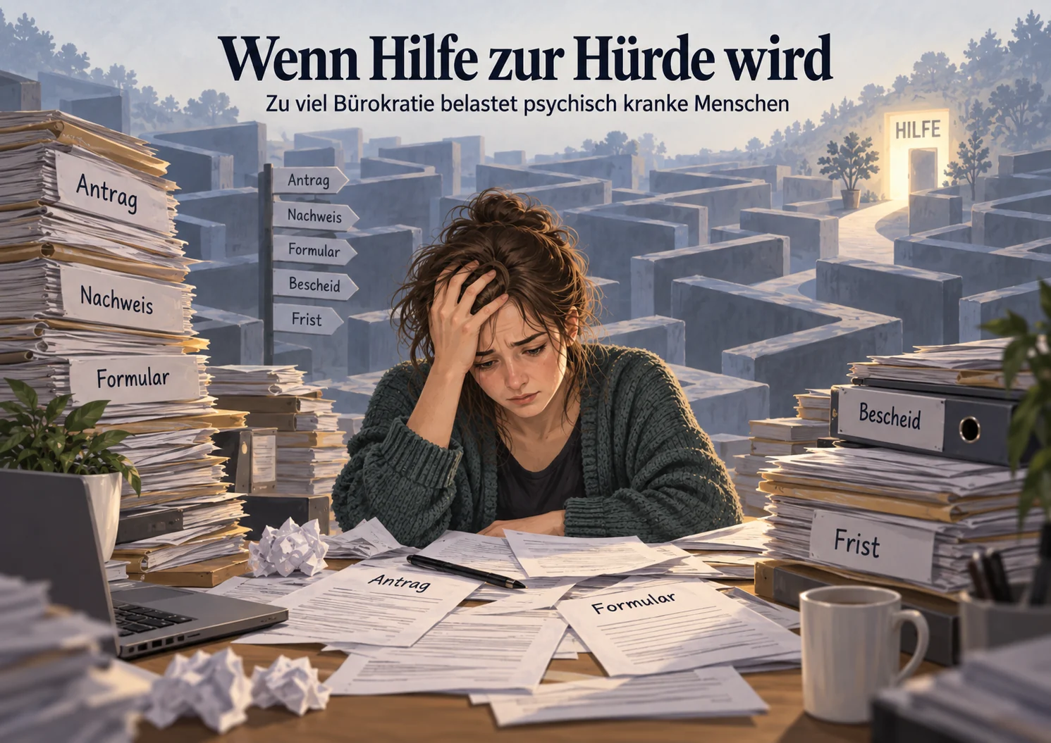 Eine erschöpfte Frau zwischen Anträgen, Nachweisen und einem bürokratischen Labyrinth