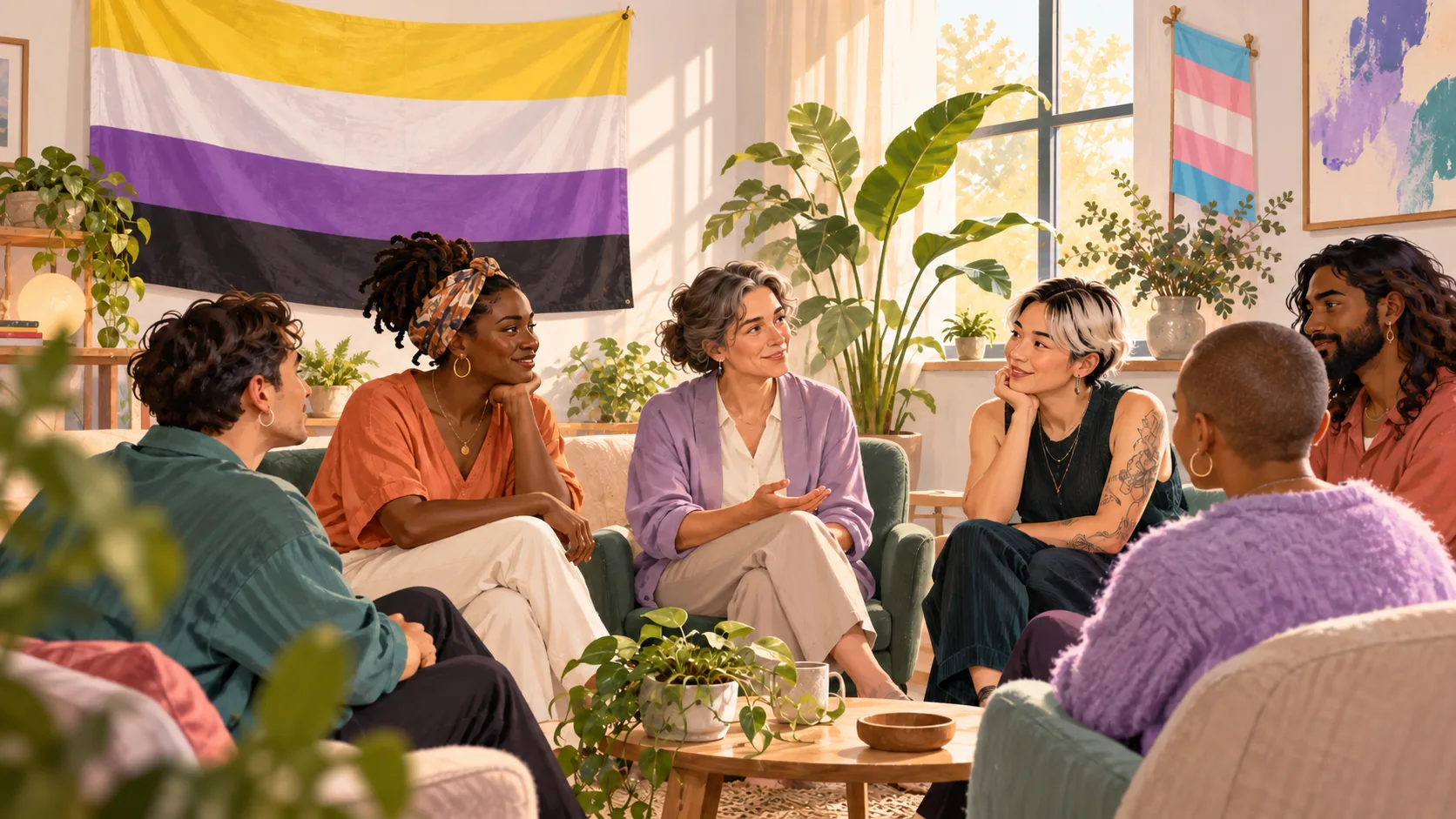 Eine Gruppe von Menschen unterschiedlichen Alters sitzt im Gespräch zusammen, im Hintergrund hängen eine Nichtbinär- und eine Trans-Flagge